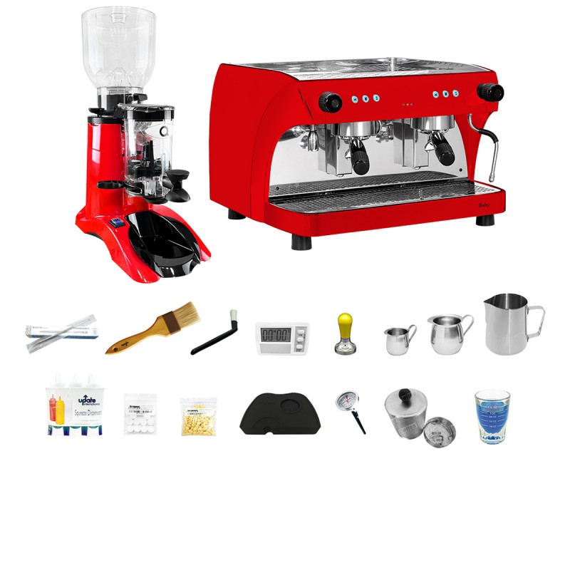 Paquete Básico Cafetería (Cafetera Ruby Doble Roja + Molino CT2) 1 Año de Garantía.