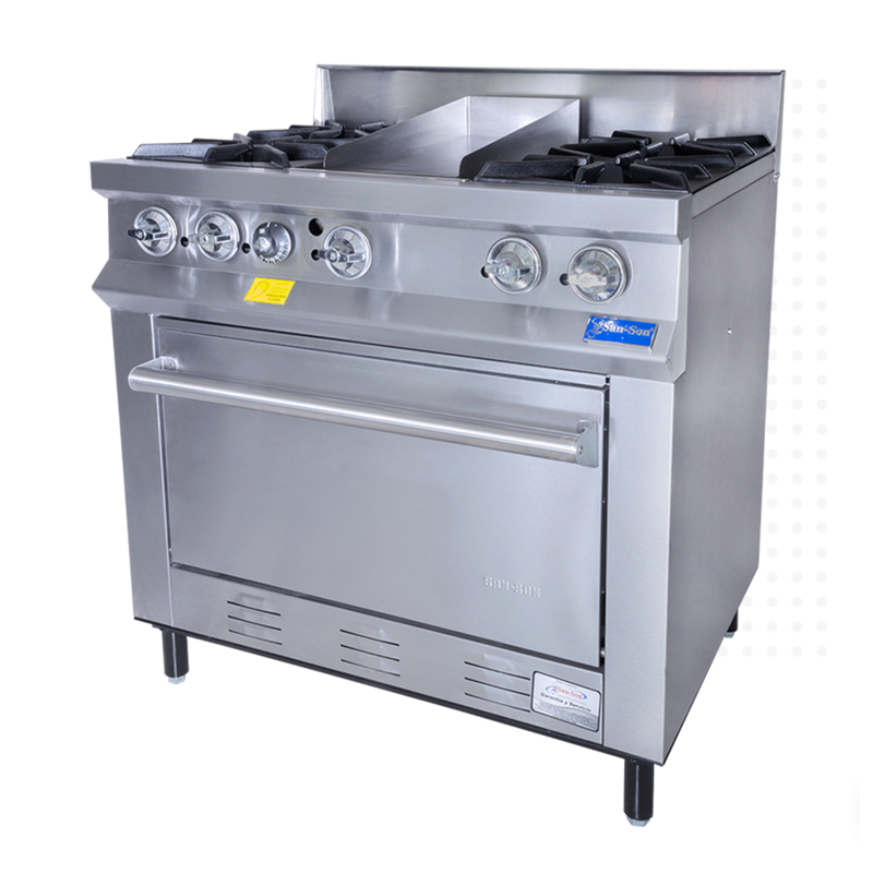 Estufa Comercial 4 Quemadores, Plancha y Horno